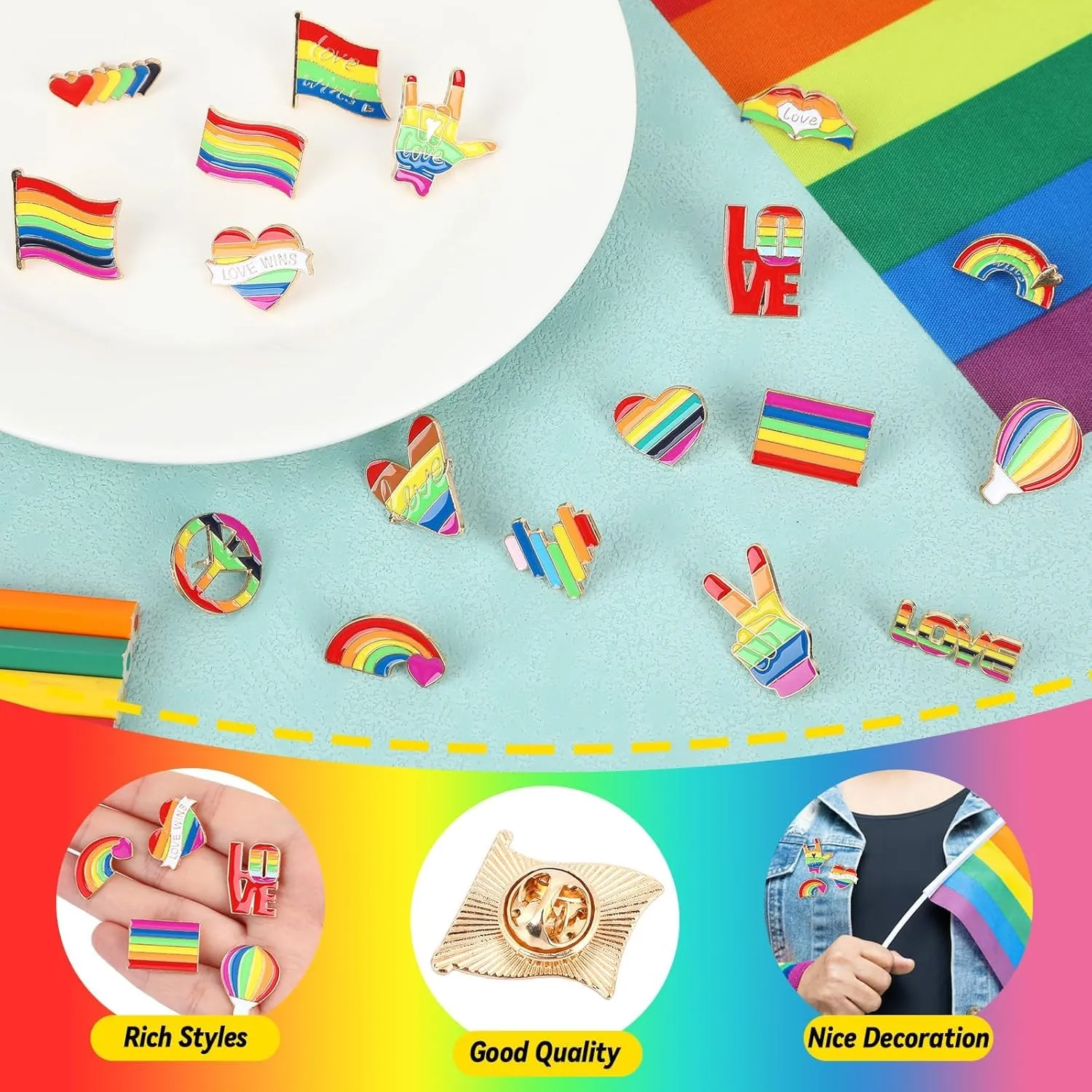 SANNIX 60Pcs Pride Pins, Rainbow Pins Bulk Enamel LGBTQ Lapel Pin Gay Pride Heart Flag Brooch Pin for Clothes Bags Hats Accessories, 20 Styles