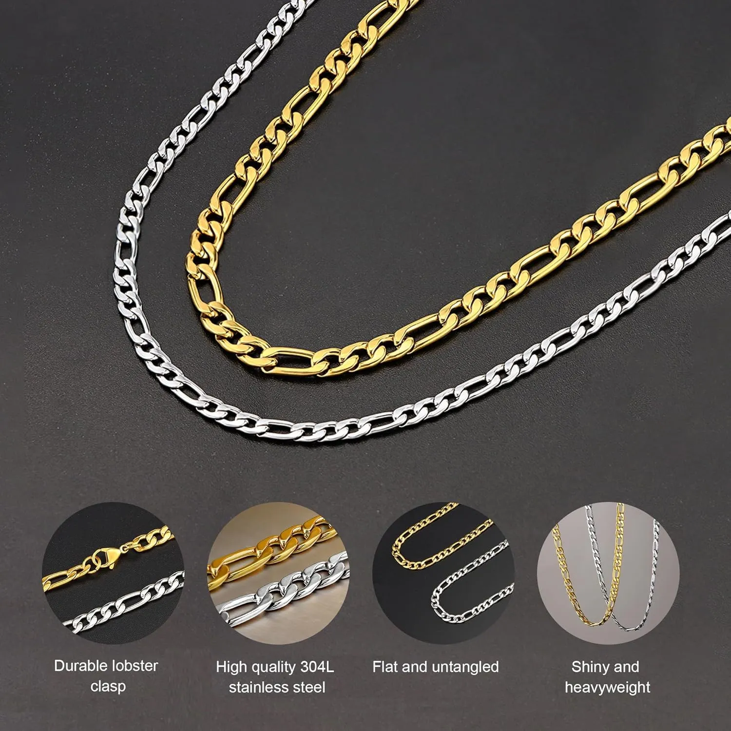 SANNYRA Figaro Chain for Men, Mens Chains Necklaces, Stainless Steel 2-8.5mm 12-36inches 18K Gold Plated Silver Plated Necklace for Women