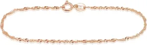 SEA OF ICE Sterling Silver 1mm Twisted Curb Singapore Rope Chain Bracelet For Women, Size 7.25 inches