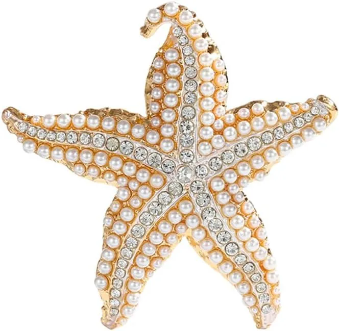 Shell Pearl Rhinestone Starfish Brooch for Women Men Gold Plated Elegant Crystal Star Shaped Ocean Sea Animal Brooches Lapel Pins Delicate Wedding Beach Party Dress Accessories
