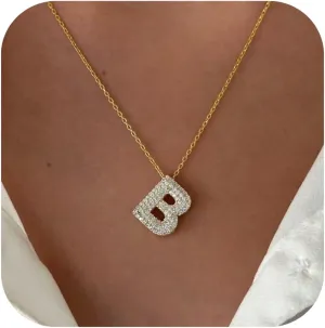 SHINELIZ 925 Sterling Bubble Letter Necklace Gold, Initial Necklaces for Women, Iced Out A-Z Pendant Alphabet Charm, Custom Sparkle Diamond Balloon Necklace, 14k Gold Plated Personalized Jewelry