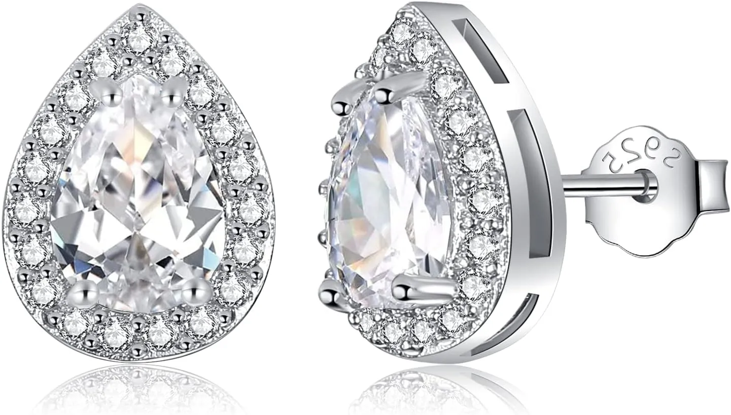 Silver Birthstone Teardrop Stud Earrings for Women, Faux Diamond Halo Bridal Earrings | 925 Sterling Silver Post Cubic Zirconia Studs Jewelry for Birthday Christmas Wedding Gifts
