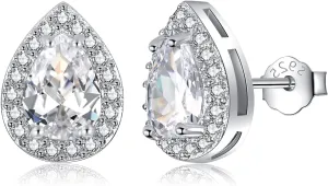 Silver Birthstone Teardrop Stud Earrings for Women, Faux Diamond Halo Bridal Earrings | 925 Sterling Silver Post Cubic Zirconia Studs Jewelry for Birthday Christmas Wedding Gifts