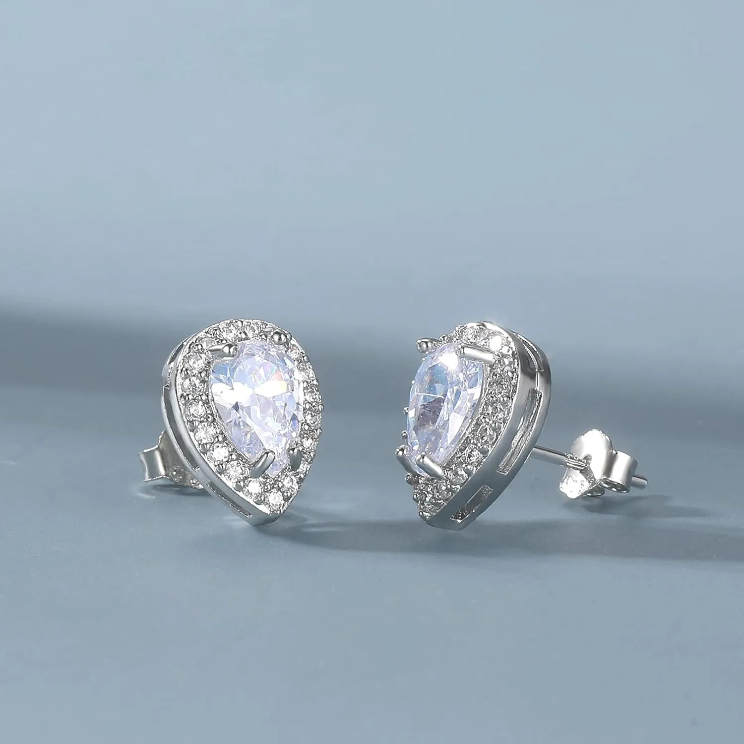 Silver Birthstone Teardrop Stud Earrings for Women, Faux Diamond Halo Bridal Earrings | 925 Sterling Silver Post Cubic Zirconia Studs Jewelry for Birthday Christmas Wedding Gifts