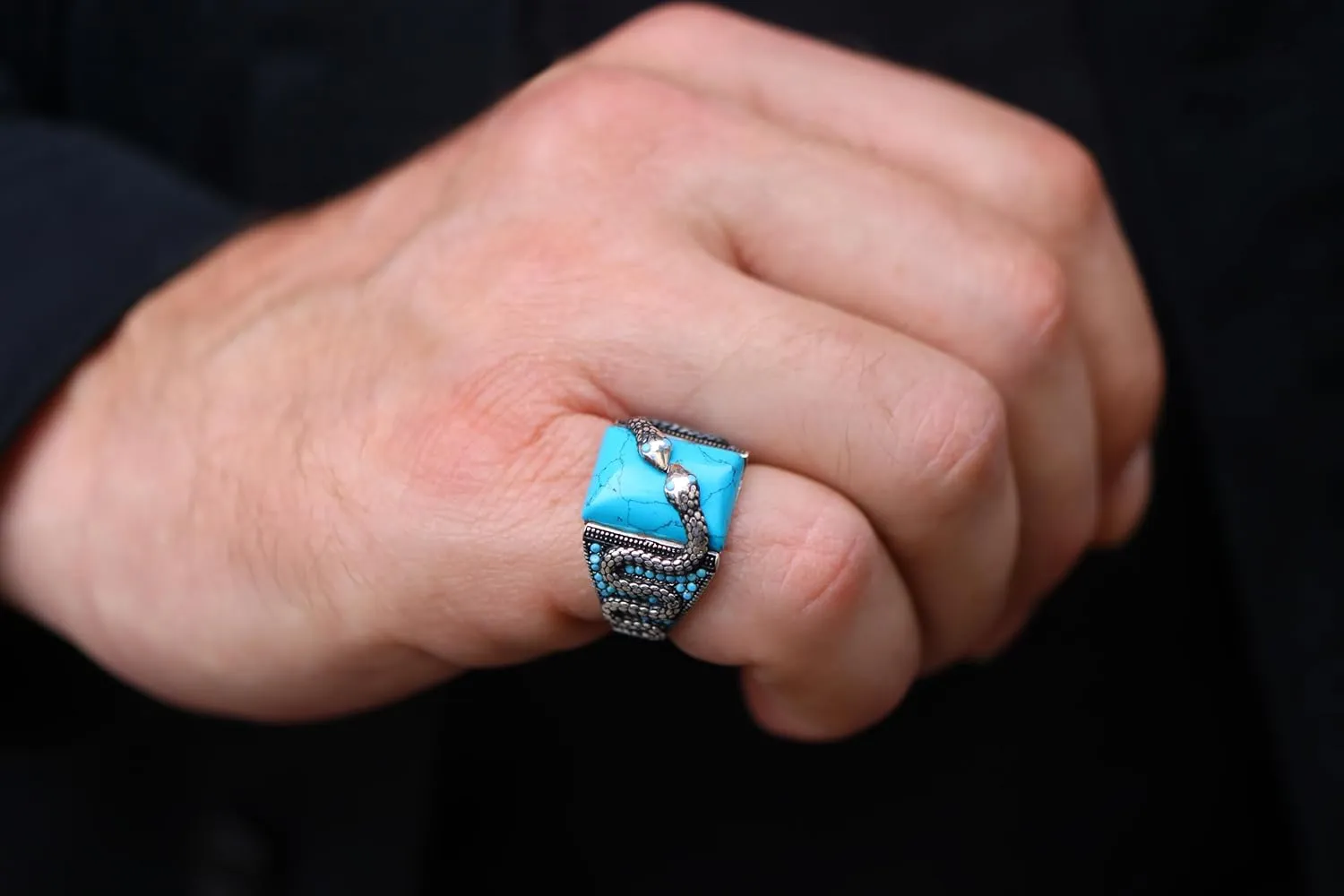 Silver Snake Ring - Torquoise Ring for Men - Handmade Ottoman Turkish 925 Sterling Silver Ring for Men - Gemstone Mens Rings - Unique Mens Jewelry Gift