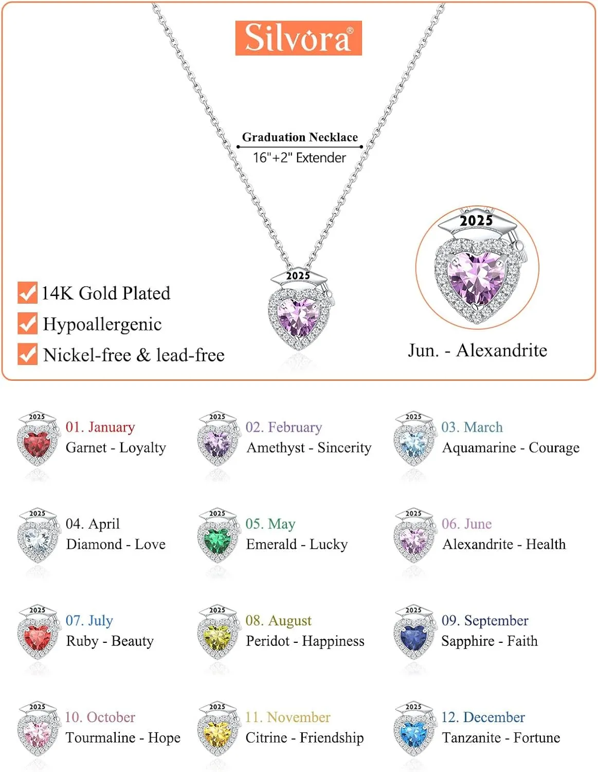 Silvora Graduation Necklace 2025 Bachelor Cap Necklaces Heart Birthstone Pendant College High School Graduation Jewelry Gifts for Women