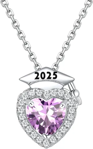 Silvora Graduation Necklace 2025 Bachelor Cap Necklaces Heart Birthstone Pendant College High School Graduation Jewelry Gifts for Women