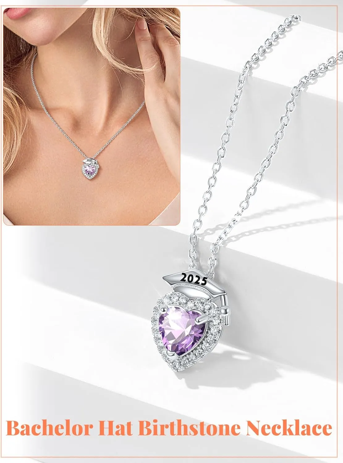 Silvora Graduation Necklace 2025 Bachelor Cap Necklaces Heart Birthstone Pendant College High School Graduation Jewelry Gifts for Women