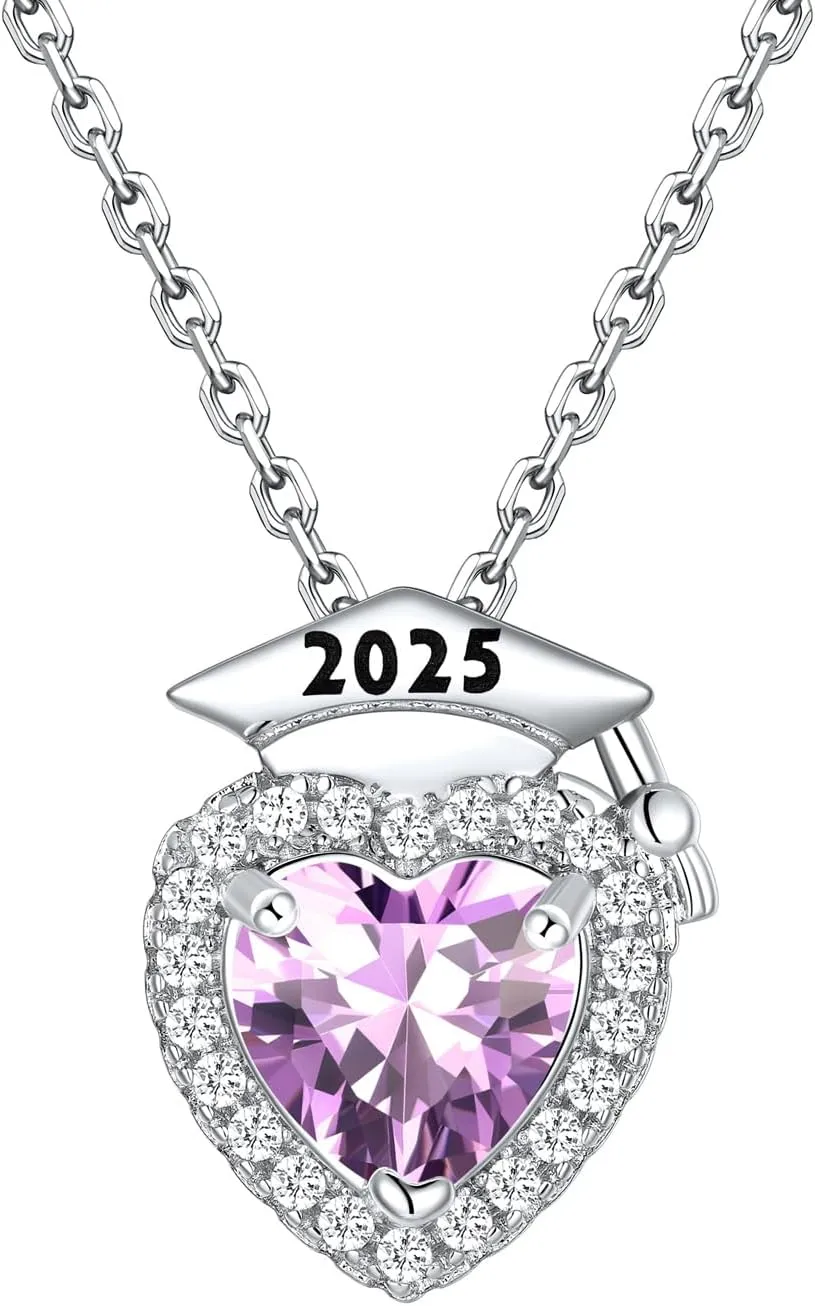 Silvora Graduation Necklace 2025 Bachelor Cap Necklaces Heart Birthstone Pendant College High School Graduation Jewelry Gifts for Women