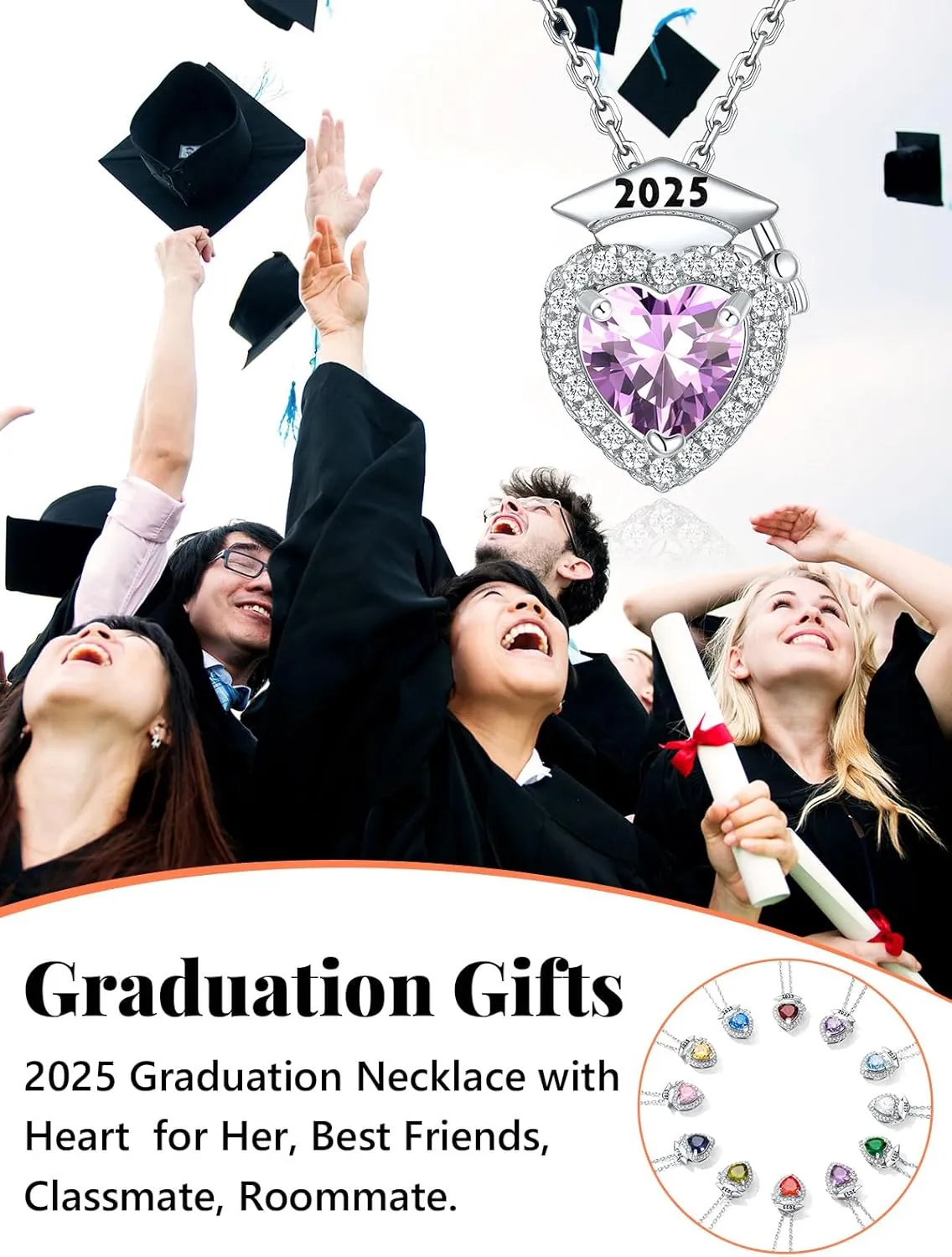 Silvora Graduation Necklace 2025 Bachelor Cap Necklaces Heart Birthstone Pendant College High School Graduation Jewelry Gifts for Women