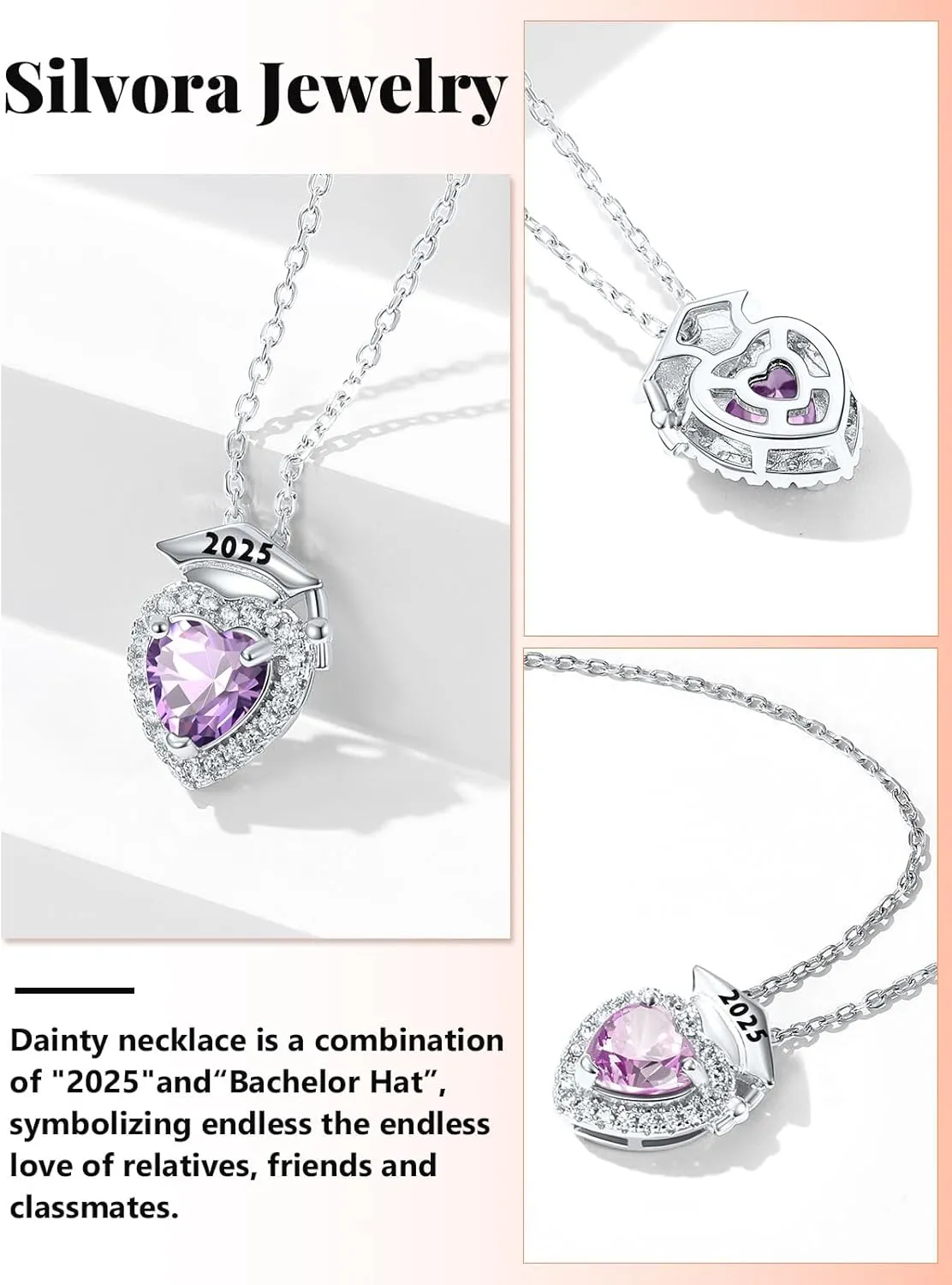 Silvora Graduation Necklace 2025 Bachelor Cap Necklaces Heart Birthstone Pendant College High School Graduation Jewelry Gifts for Women