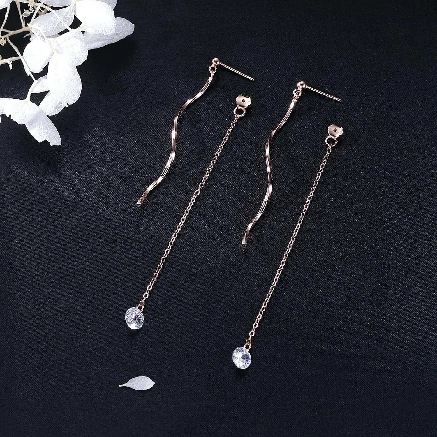 SLUYNZ 925 Sterling Silver CZ Droplet Dangle Earrings Chain for Women Teens Wedding Bridal Dangle Earrings Curved Tassel