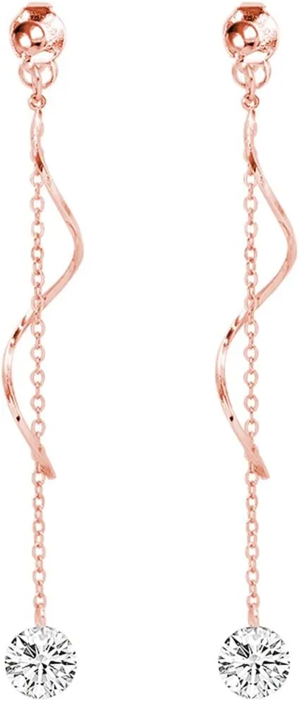 SLUYNZ 925 Sterling Silver CZ Droplet Dangle Earrings Chain for Women Teens Wedding Bridal Dangle Earrings Curved Tassel