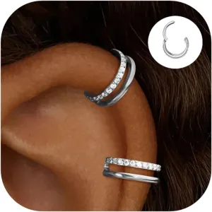 Small Cartilage Double-Hoop Helix Conch Piercing Earrings With Cubic Zirconia For Women Trendy 14K Gold Plated Titanium Surgical Stainless Steel Sets Jewelry