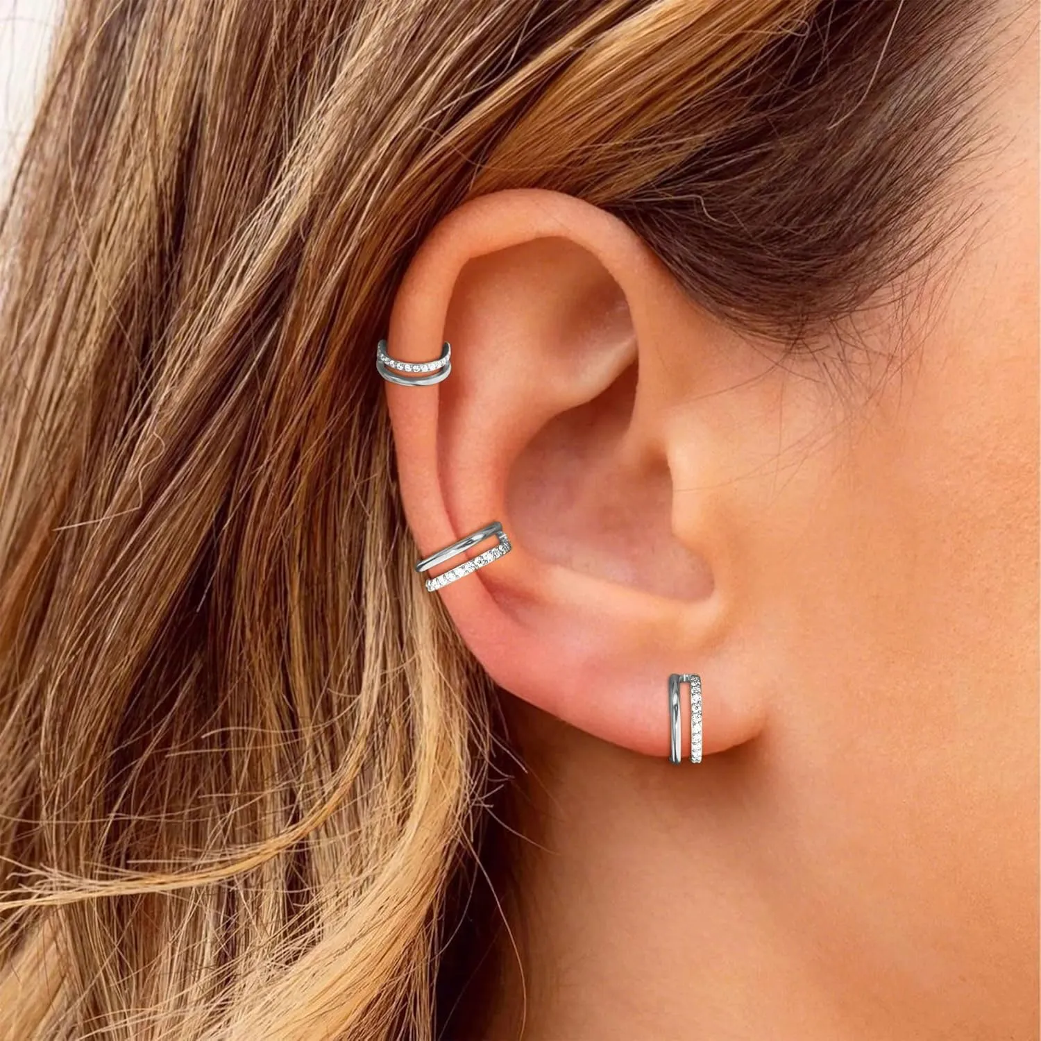 Small Cartilage Double-Hoop Helix Conch Piercing Earrings With Cubic Zirconia For Women Trendy 14K Gold Plated Titanium Surgical Stainless Steel Sets Jewelry