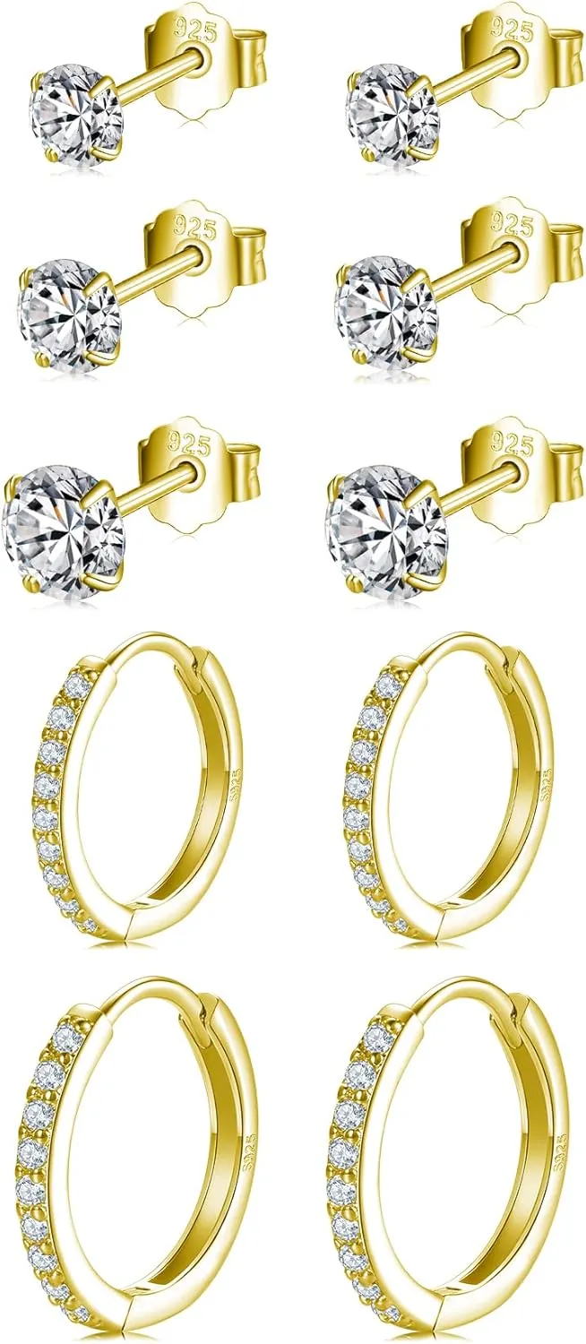 Small Sterling Silver Stud Earrings Set Tiny Cartilage Huggie Hoop Earrings Cubic Zirconia Cuff Earrings Silver Hoop Earrings for Women Men
