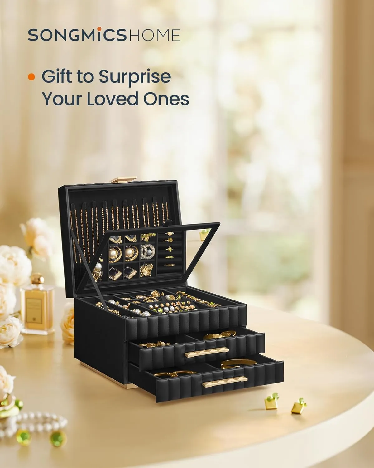 SONGMICS HOME 3-Tier Jewelry Box with Mirror, Jewelry Organizer with 2 Drawers, PU Surface with Stitching, Floating Effect, 8.5 x 9.4 x 6.2 Inches, Ink Black, ANAH Collection UJBC183B01