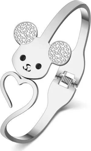 Stainless Steel 18K Gold Silver Plated Rhinestone Cute Love Heart Mouse Bracelet Danity Cartoon Rat Animals Bangle Birthday Jewelry For Women Charms Friendship Valentine's Day Gifts