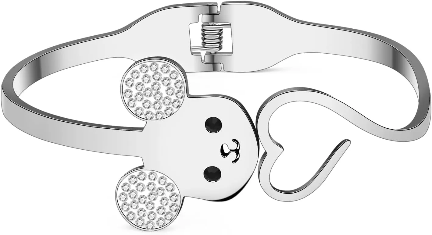 Stainless Steel 18K Gold Silver Plated Rhinestone Cute Love Heart Mouse Bracelet Danity Cartoon Rat Animals Bangle Birthday Jewelry For Women Charms Friendship Valentine's Day Gifts