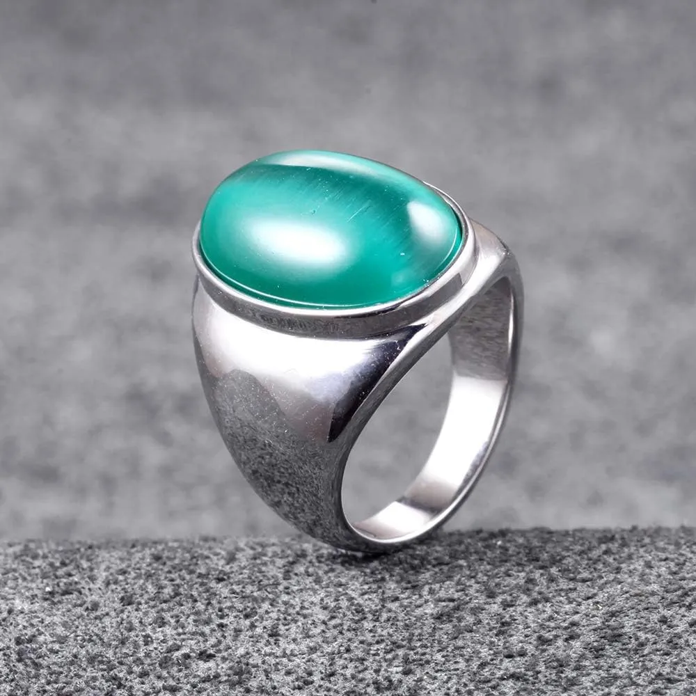 Stainless Steel Big Oval Cat Eye Stone Ring for Men Stainless Steel Wedding Promise Bands
