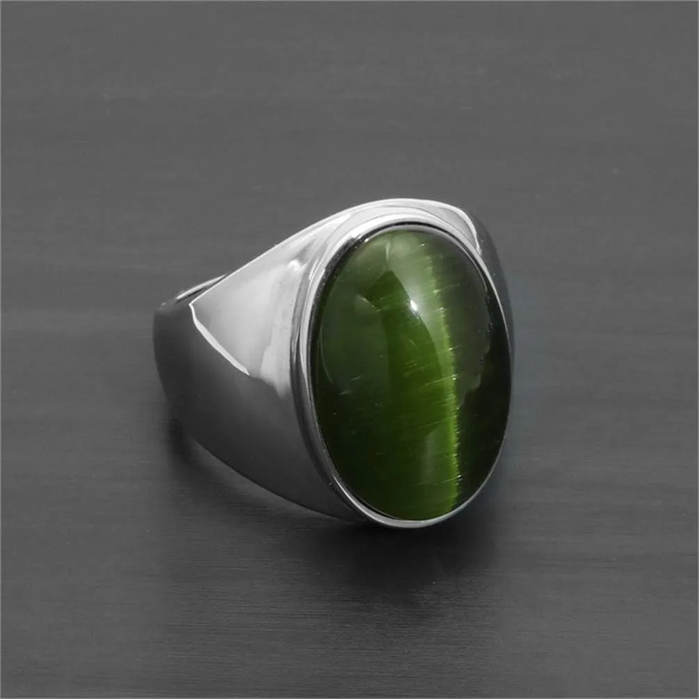 Stainless Steel Big Oval Cat Eye Stone Ring for Men Stainless Steel Wedding Promise Bands