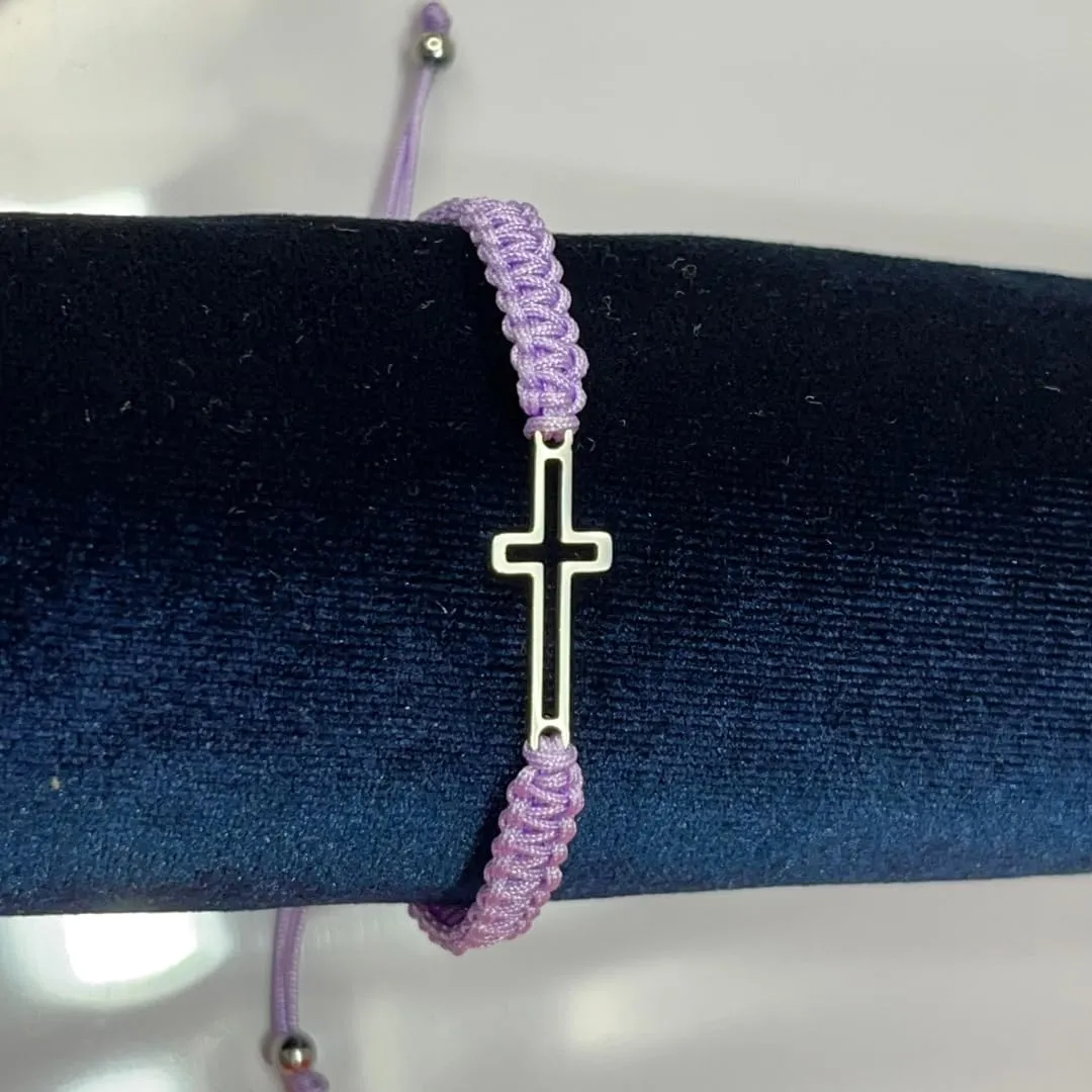 Stainless steel Cross Bracelet, String Rope Braided Bracelet Cross Charm Adjustable, Christian Handmade Braided Bracelet, Friendship Gift for Women Men Girls Teens Kids unisex (LICHT PURPLE)