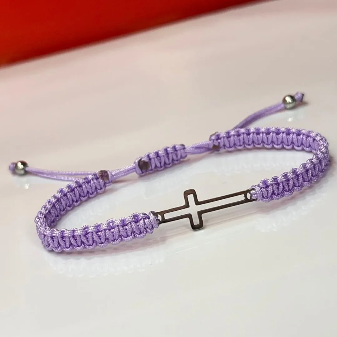 Stainless steel Cross Bracelet, String Rope Braided Bracelet Cross Charm Adjustable, Christian Handmade Braided Bracelet, Friendship Gift for Women Men Girls Teens Kids unisex (LICHT PURPLE)