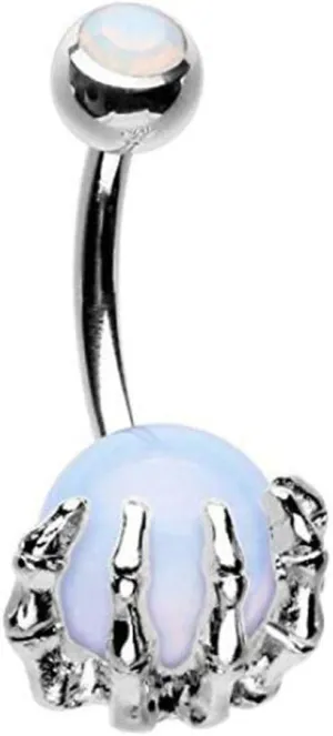 Stainless Steel Navel Rings Skull Hand Holding Natural Stone Belly Rings Versatile Belly Button Rings Party Accessories, 1.6x10cm, Silver