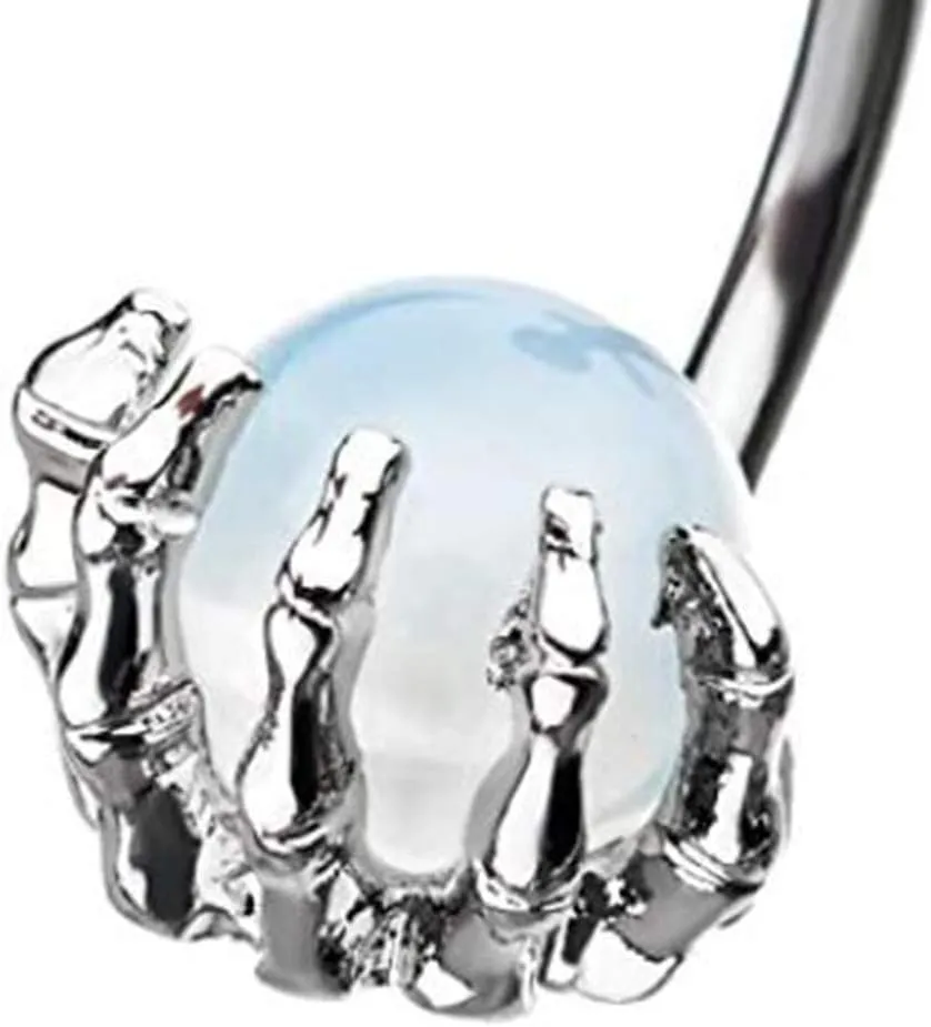 Stainless Steel Navel Rings Skull Hand Holding Natural Stone Belly Rings Versatile Belly Button Rings Party Accessories, 1.6x10cm, Silver