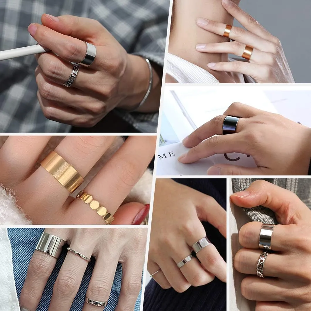 Stainless Steel Open Band Ring for Men Women 18K Gold/Black Plated Brush/Smooth Surface Rings Set Minimalist Jewelry(with Gift Box)