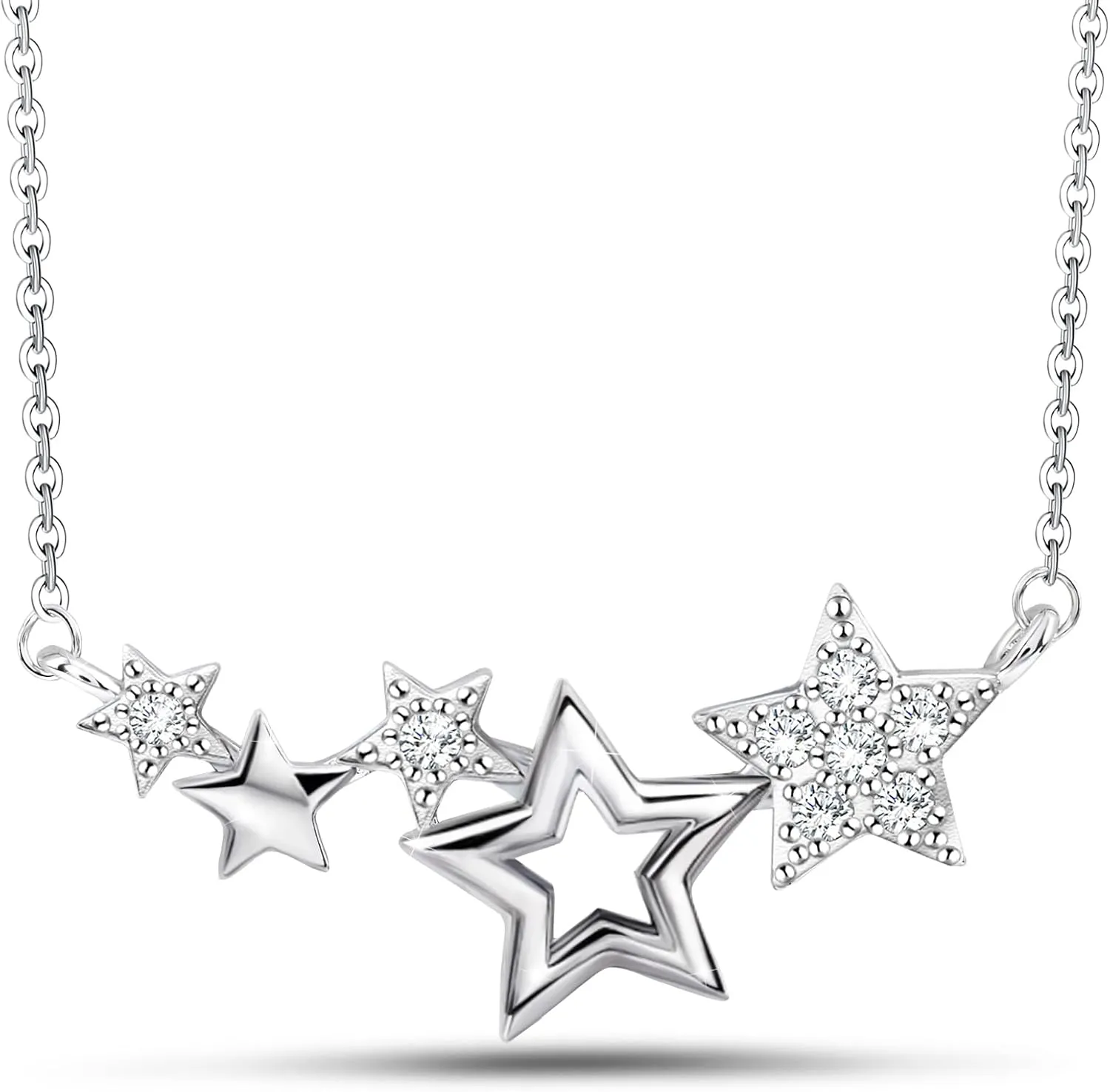 Star Necklace for Girls Teens Women - Sterling Silver Star CZ Pendant Necklace Charm Choker Adjustable Layering Chain Necklaces Day Jewelry Gifts for Christmas