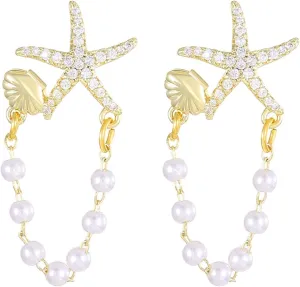 Starfish Earrings for Women Bohemian Style Pearl Tassels Link Chain Earrings Sparkling Crystal Starfish Shell Stud Earring Boho Summer Beach Wedding Jewelry