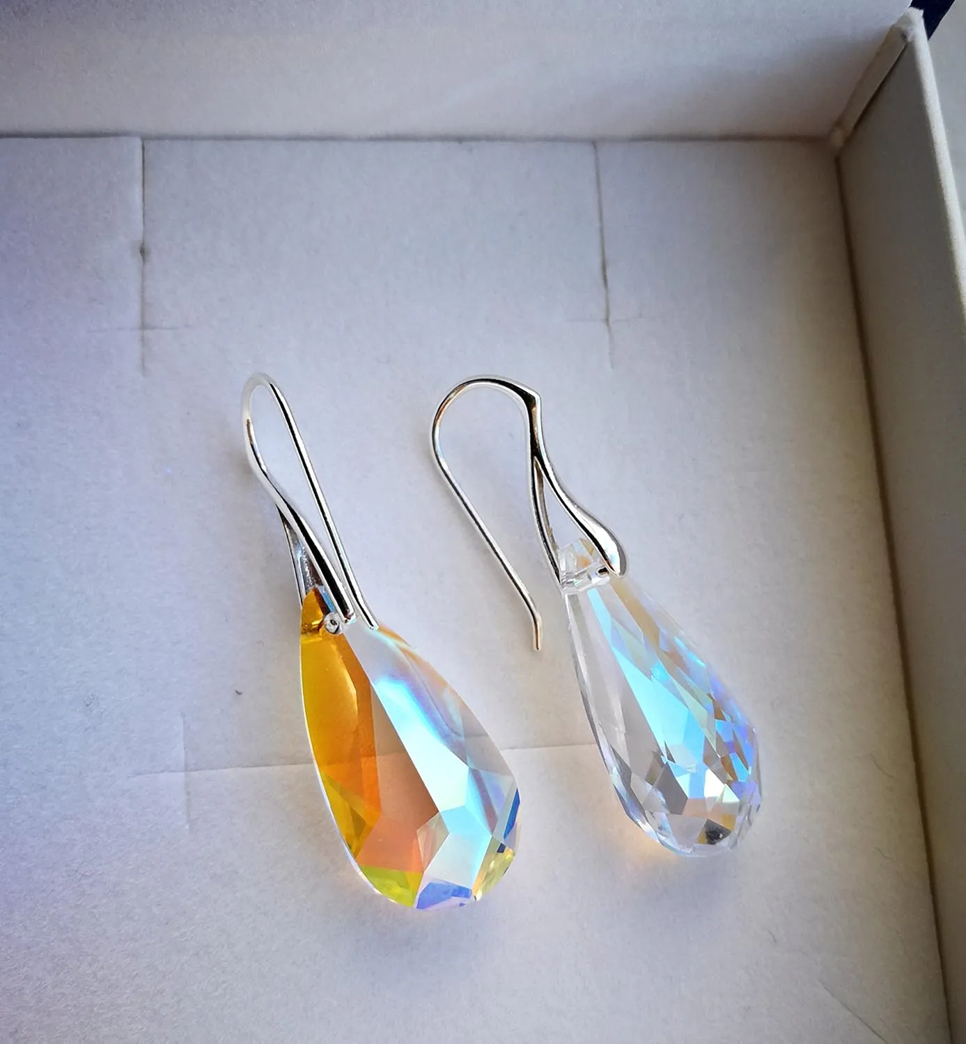 Sterling Silver 925 Earrings Royal Crystals Adorned With Imitation Crystals Blue Aurora Borealis Long Teardrop Pierced