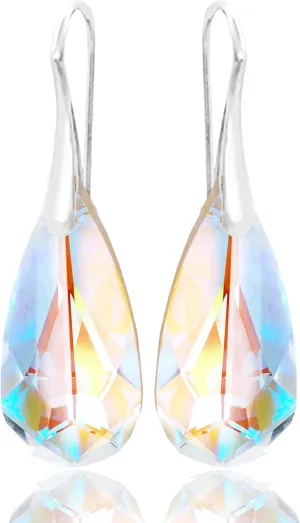 Sterling Silver 925 Earrings Royal Crystals Adorned With Imitation Crystals Blue Aurora Borealis Long Teardrop Pierced