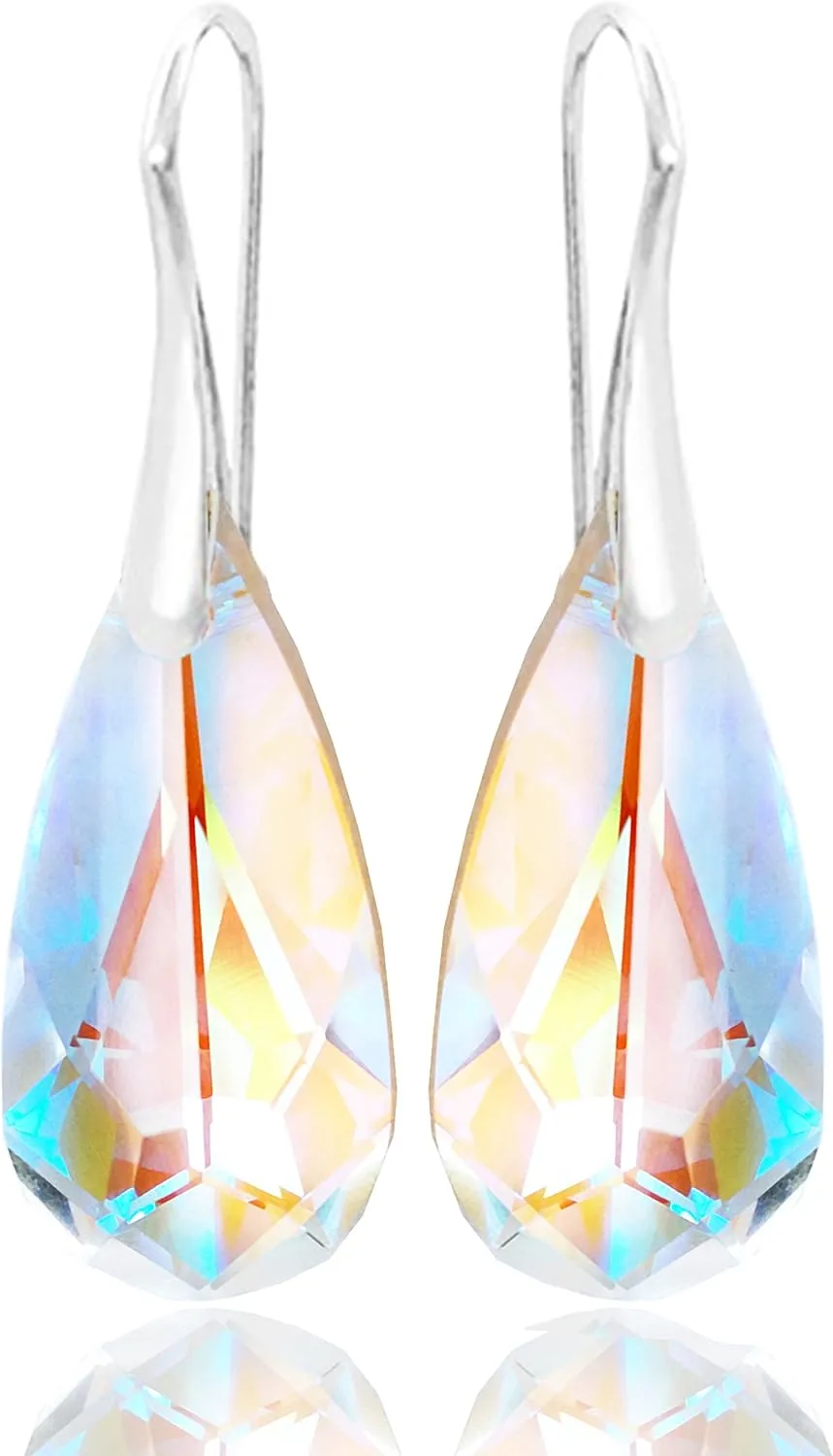 Sterling Silver 925 Earrings Royal Crystals Adorned With Imitation Crystals Blue Aurora Borealis Long Teardrop Pierced