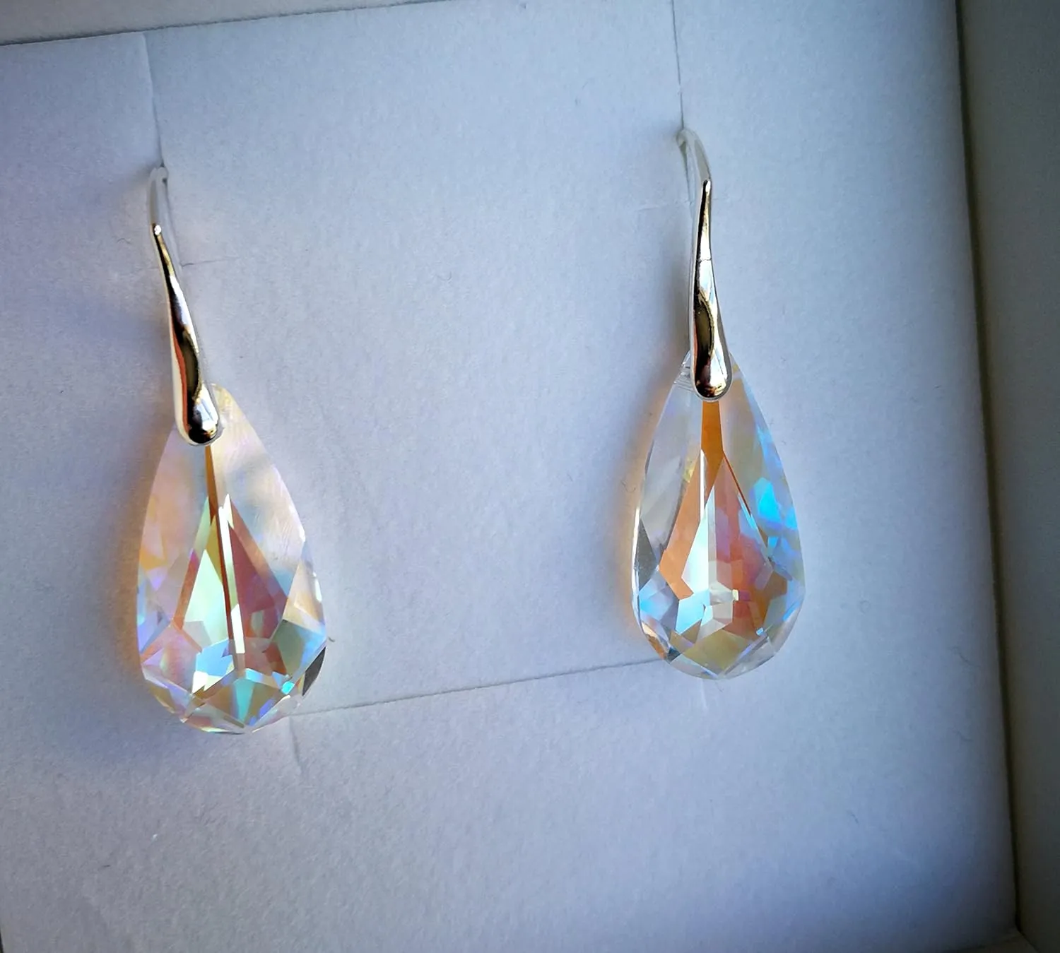 Sterling Silver 925 Earrings Royal Crystals Adorned With Imitation Crystals Blue Aurora Borealis Long Teardrop Pierced