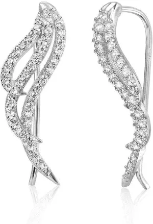 Sterling Silver 925 Wing Shape CZ Earrings Ear Climber Wave Style Women Earrings Stunning Bridal Jewelry