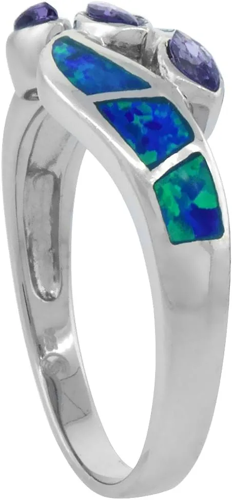 Sterling Silver Blue Synthetic Opal Marquise Bypass Ring for Women 3 Amethyst CZ Stones 3/8 inch