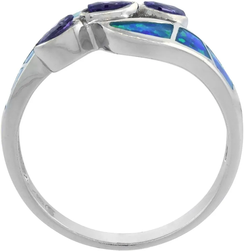 Sterling Silver Blue Synthetic Opal Marquise Bypass Ring for Women 3 Amethyst CZ Stones 3/8 inch