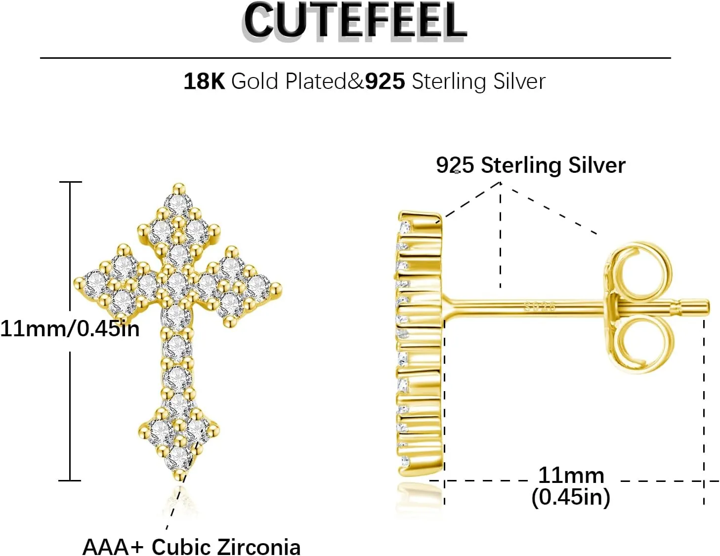 Sterling Silver Cross Stud Earrings for Women Men, CZ Cross Stud Hypoallergenic Jewelry Gift