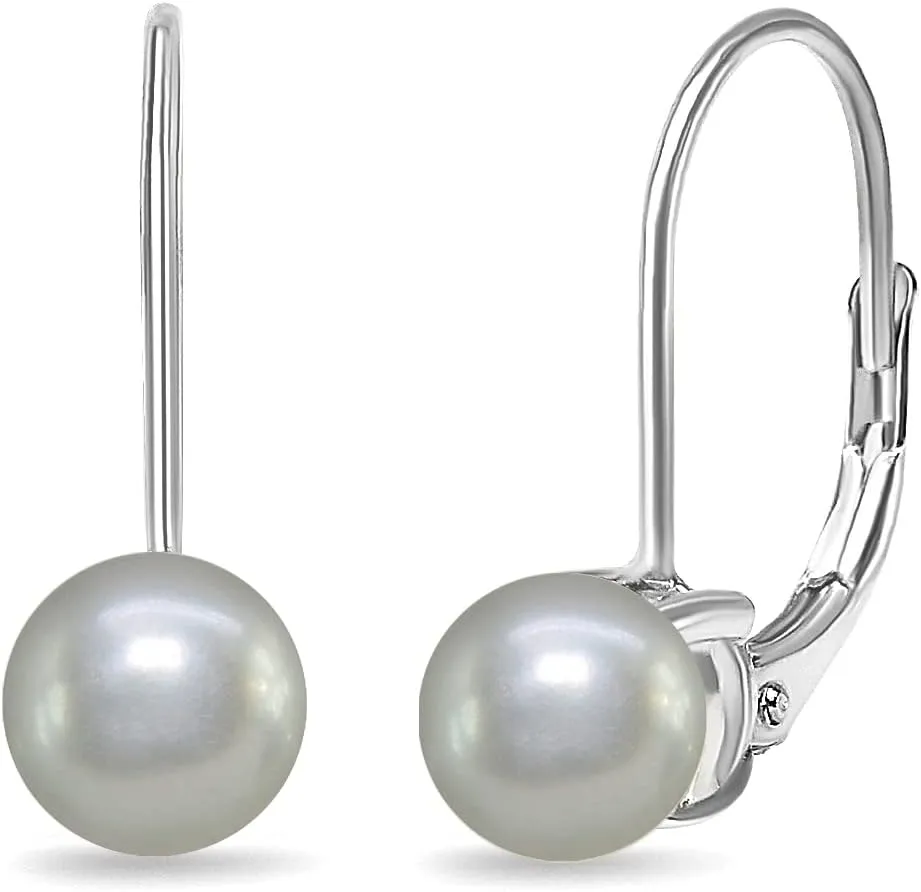 Sterling Silver Freshwater Cultured White Pearl Leverback Drop Earrings for Women