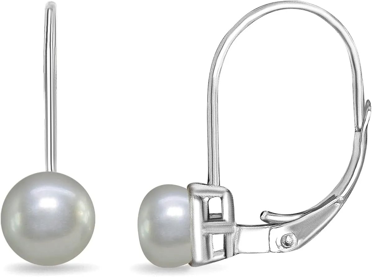 Sterling Silver Freshwater Cultured White Pearl Leverback Drop Earrings for Women