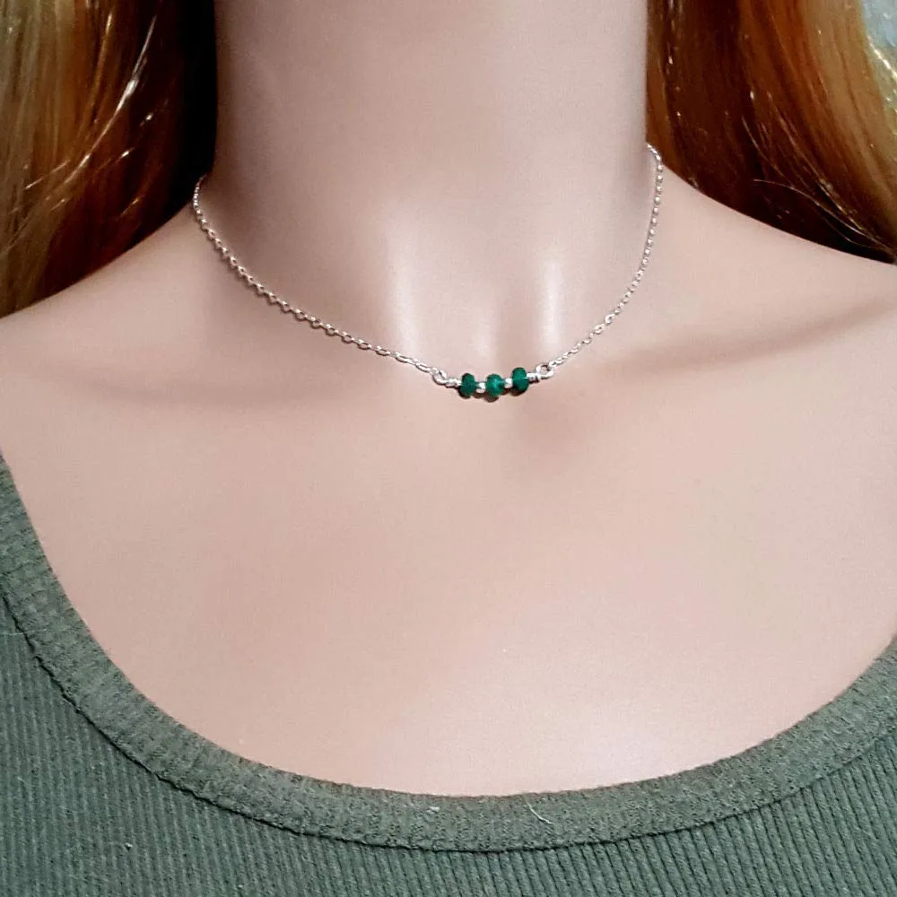 Sterling Silver Genuine Emerald Faceted Handmade Adjustable Dainty Choker Necklace 14"  3" Extender