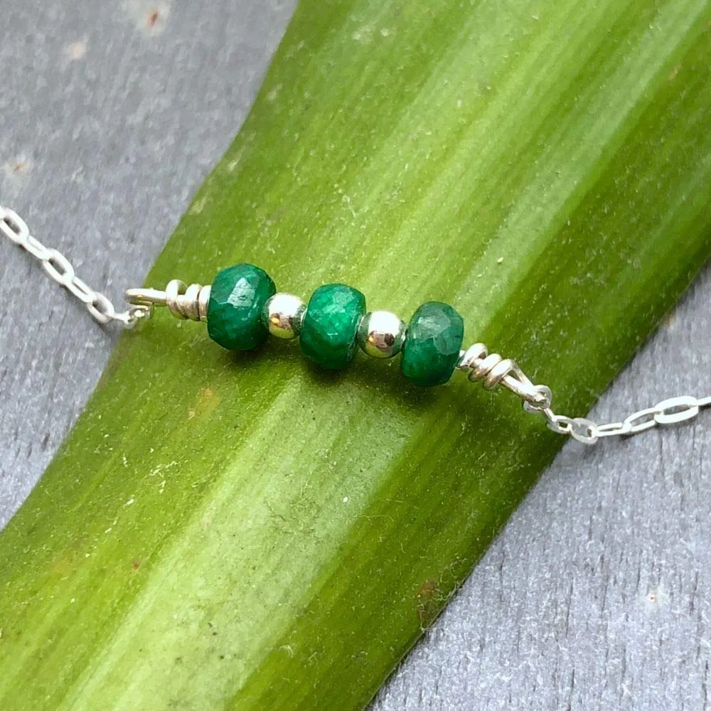 Sterling Silver Genuine Emerald Faceted Handmade Adjustable Dainty Choker Necklace 14"  3" Extender