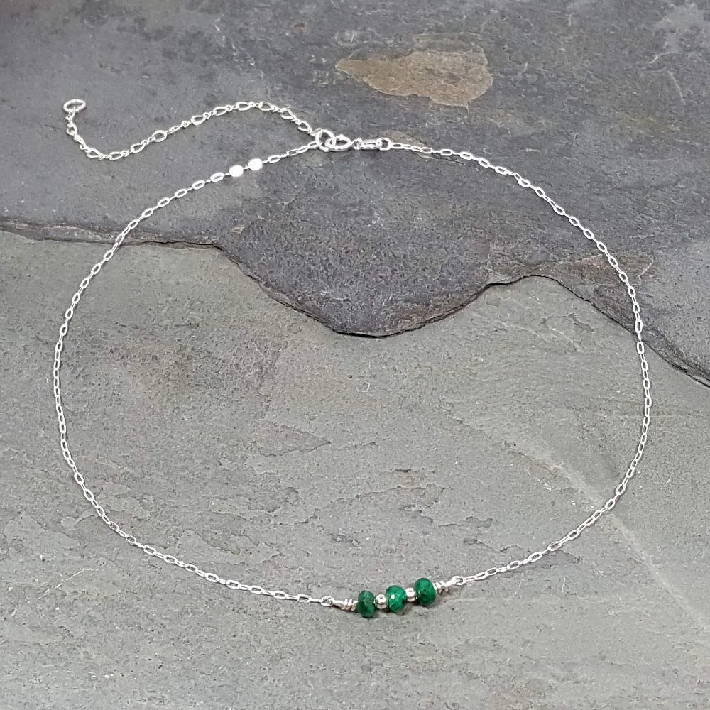 Sterling Silver Genuine Emerald Faceted Handmade Adjustable Dainty Choker Necklace 14"  3" Extender