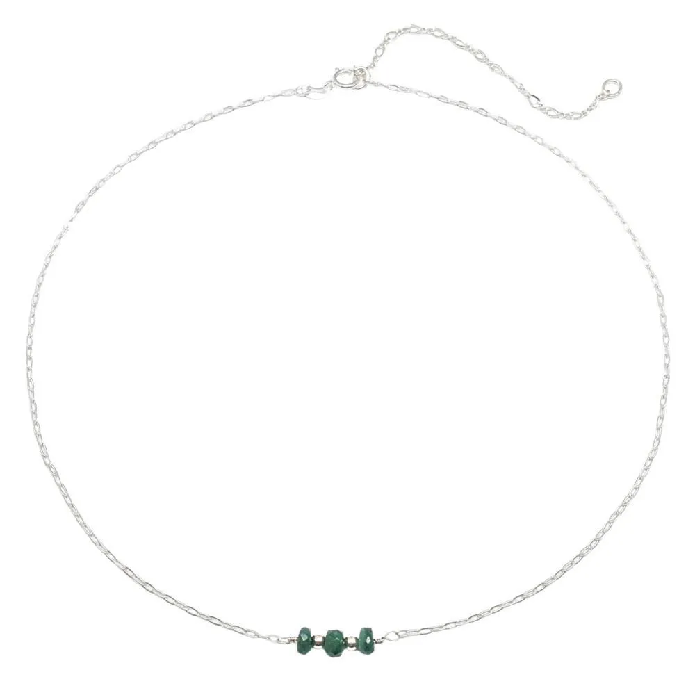 Sterling Silver Genuine Emerald Faceted Handmade Adjustable Dainty Choker Necklace 14"  3" Extender