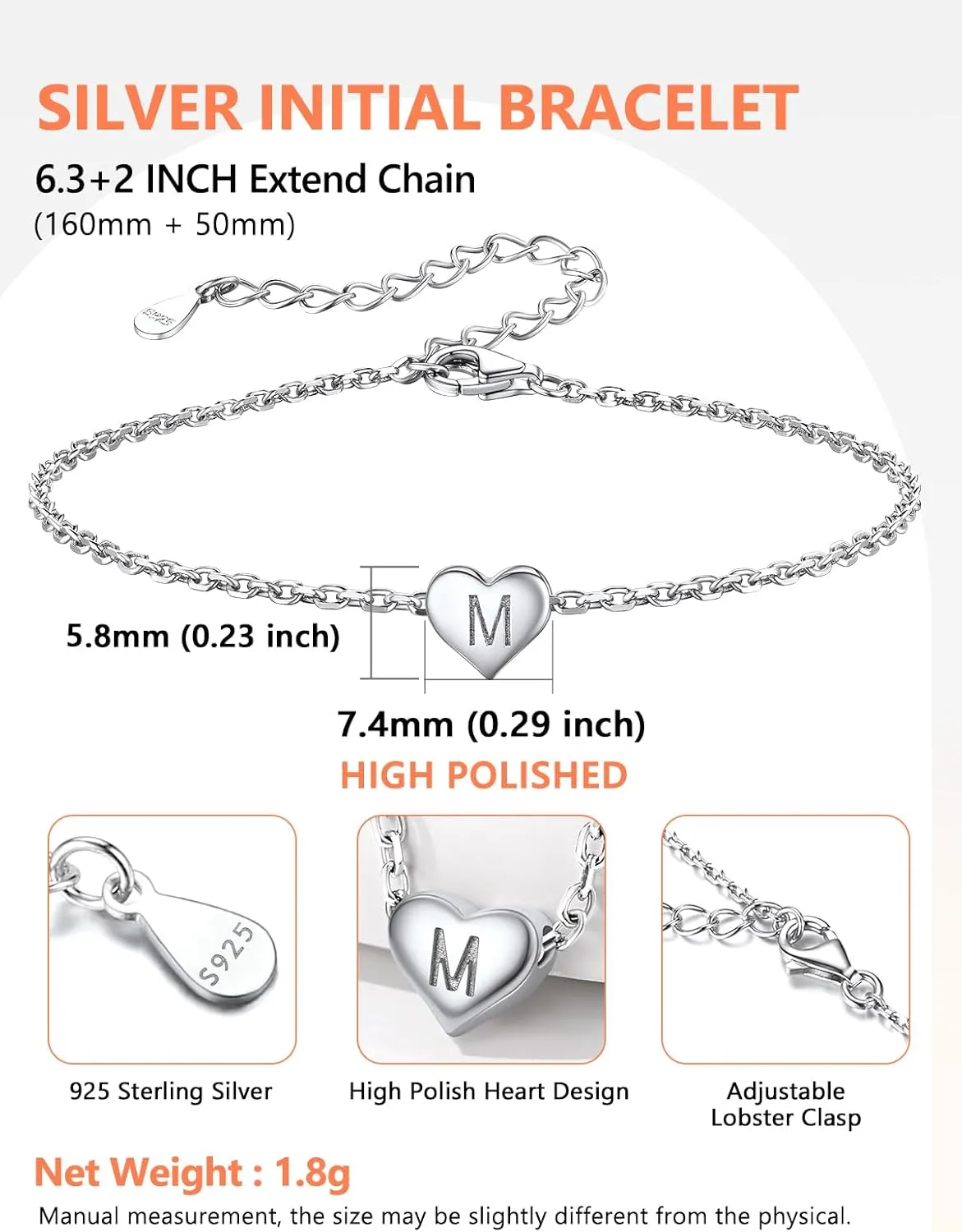 Sterling Silver Heart Letter Bracelets Silver Initial 18K White Gold Plated Bracelet Initial Charm 18K White Gold Plated Dainty Bracelet Jewelry Women Teen Couples Girlfriend