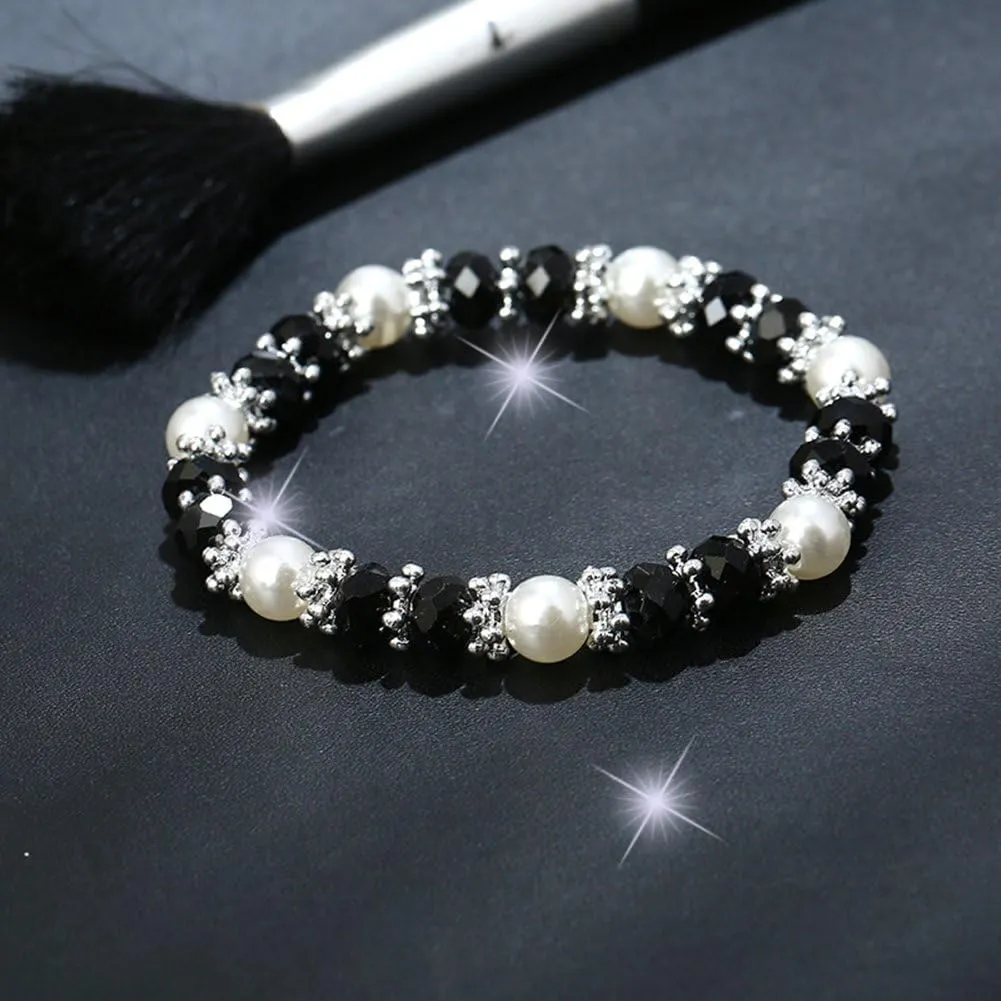 Stylish Bracelet Shiny Colorful Rhinestone Faux Pearl Bracelet Bangle Women Jewelry Birthday Gift - Black Useful
