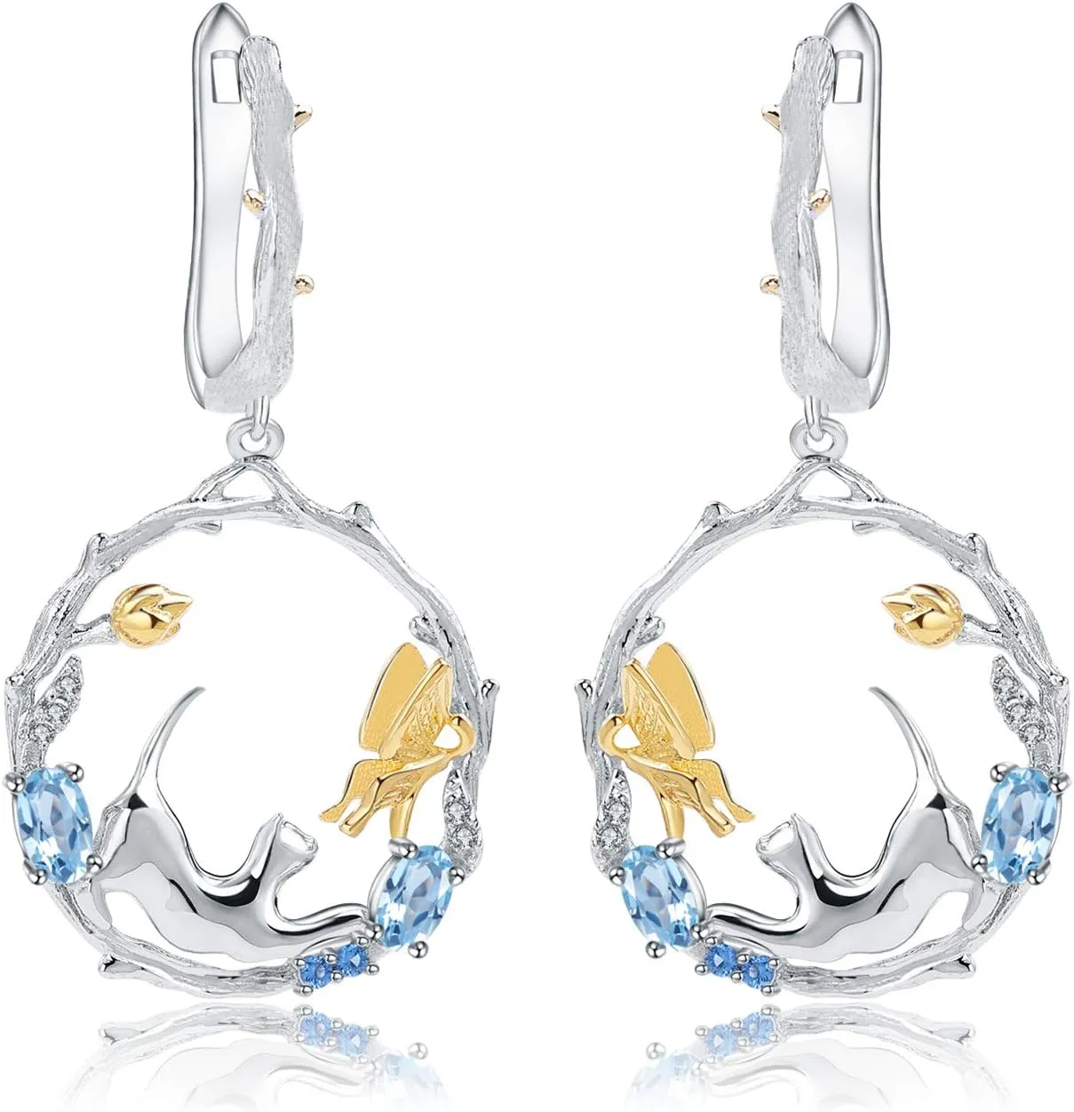 Swiss Blue Topaz Handmade Dangle Earrings Cat & Cupid Drop Earrings Genuine 925 Sterling Silver Latch Back Earrings for Women Girls Birthstone Dangling Earrings