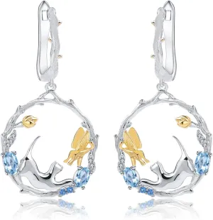 Swiss Blue Topaz Handmade Dangle Earrings Cat & Cupid Drop Earrings Genuine 925 Sterling Silver Latch Back Earrings for Women Girls Birthstone Dangling Earrings